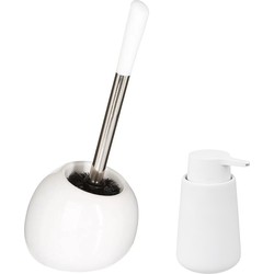 WC-/toiletborstel en houder - wit - met zeeppompje 250 ml - Badkameraccessoireset