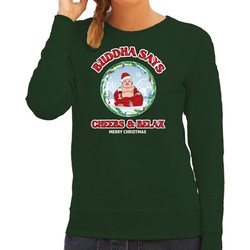 Bellatio Decorations foute Kersttrui/sweater voor dames - buddha says cheers & relax - groen - wijn S - kerst truien