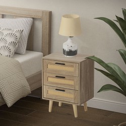 Nachtkastje 45x34x63 cm eiken bijzettafel met 3 laden en rotan front & massief houten poten ML design