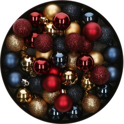 42x Stuks kunststof kerstballen mix donkerrood/goud/donkerblauw 3 cm - Kerstbal