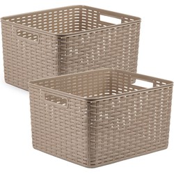 3x stuks rotan gevlochten opbergmand/opbergbox kunststof - taupe - 34 x 40 x 23 cm - Opbergbox