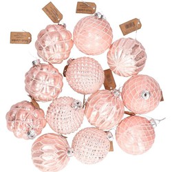 24x Roze glazen kerstballen met gouden design 8 cm - Kerstbal