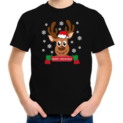 Bellatio Decorations kerst t-shirt voor kinderen - Merry Christmas - rendier - zwart XS (104-110) - kerst t-shirts kind