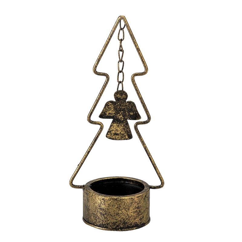 Clayre & Eef Kandelaar Kerstboom 10x8x24 cm Koperkleurig Metaal Engel Kaarsenstandaard - 
