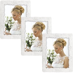 3x stuks kunststof fotolijst wit met bloemen motief geschikt voor een foto van 15 x 20 cm - Fotolijsten