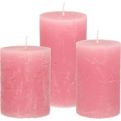Stompkaarsen/cilinderkaarsen set - 3x - oud roze - rustiek model - Stompkaarsen