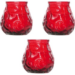 3x Rode tafelkaarsen in glazen houders 7 cm brandduur 17 uur - Waxinelichtjes