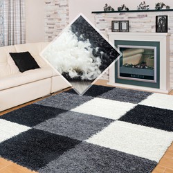 Tapijtenloods Basic Shaggy Geblokt vloerkleed Zwart / Wit Hoogpolig- 80x250 CM