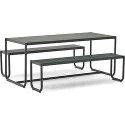 Kave Home - Sotil Set van 2 banken en tafel van gegalvaniseerd staal met groene afwerking 183 x 83 cm