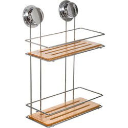 5Five Doucherekje - 2-laags - metaal/ bamboe - zuignap - 25x13x36 cm - Douche- en badrekjes