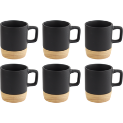 OTIX Espresso Kopjes - Zwart - Set van 6 - 120ml - met Bamboe Onderzetter - Met oor - Koffiekopjes