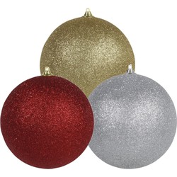 3x stuks grote glitter kerstballen van 18 cm set - Goud - Zilver - Rood - Kerstbal