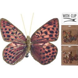 3x Kerstversieringen vlinders op clip rood/bruin/goud 10 cm - Kersthangers