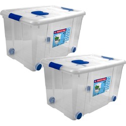 2x Opbergboxen/opbergdozen met deksel en wieltjes 55 liter kunststof transparant/blauw - Opbergbox