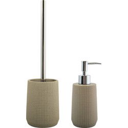MSV Toiletborstel in houder 35 cm/zeeppompje set Squares - Polyresin/RVS - taupe/beige - Badkameraccessoireset