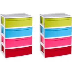 2x stuks witte/multi kleuren ladekast/organiser 40 x 56 x 80 cm - Opbergbox