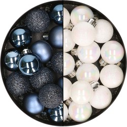 28x stuks kleine kunststof kerstballen donkerblauw en parelmoer wit 3 cm - Kerstbal