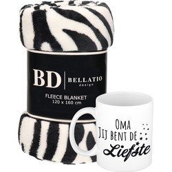 Cadeau oma set - Fleece plaid/deken zebra print met Oma jij bent de liefste mok - Plaids