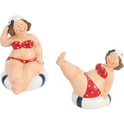 Woonkamer decoratie beeldjes set van 2 dikke dames - rood badpak - 10 cm - Beeldjes