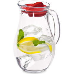 Pasabahce Waterkan sapkan schenkkan met afsluitdop - 1 liter - glas - transparant/rood - 20 cm - Schenkkannen