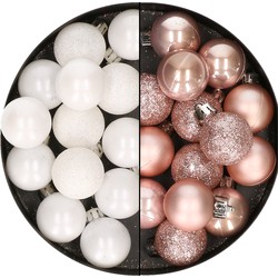 28x stuks kleine kunststof kerstballen wit en zachtroze 3 cm - Kerstbal