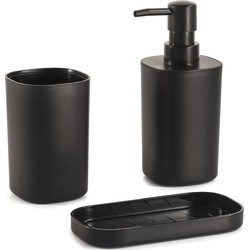 MSV Badkamer accessoires set 3-delig Lona - Kunststof - Zwart - Zeeppompje/beker/schaaltje - Badkameraccessoireset