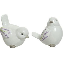 Set van 2x stuks decoratie dieren beelden vogels wit met lavendel bloemen 9 cm - Tuinbeelden