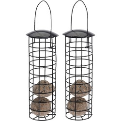 2x stuks metalen vogel voeder huisjes voor pindas/vetbollen zwart D7 x H25 cm - Vogelvoederhuisjes