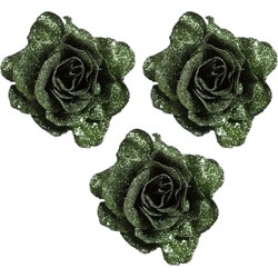 6x stuks groene decoratie rozen glitters op clip 10 cm - Kersthangers