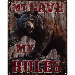 Clayre & Eef Tekstbord  20x25 cm Bruin Rood Ijzer My Cave My Rules Wandbord