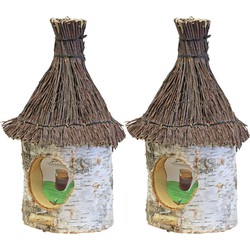 2x stuks vogelhuisje/voederhuisje/pindakaashuisje berkenhout met rieten/tenen dak 36 cm - Vogelhuisjes