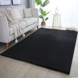 Pouffy Fluffy  - Hoogpolig Vloerkleed - Uni Kleur -Zwart - Woonkamer Tapijt - Katoenen Rug- 160x230 CM