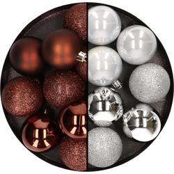 24x stuks kunststof kerstballen mix van donkerbruin en zilver 6 cm - Kerstbal