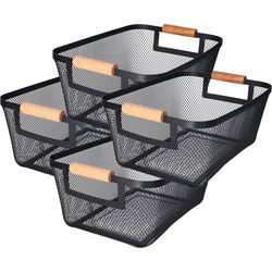 H&S Collection Opbergmand - 4x - met handgrepen - zwart - metaal - 31 x 22 x 14 cm - draadmand - Opbergmanden