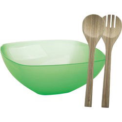Serveerschaal/slakom met bamboe sla bestek - groen - 5,5 liter - kunststof - D30 x H12 cm - Serveerschalen