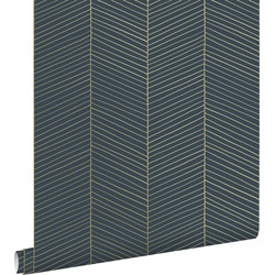 ESTAhome behang visgraat-motief donkerblauw en goud - 0,53 x 10,05 m - 139452