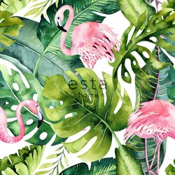 ESTAhome behang XXL tropische bladeren met flamingo's groen en roze