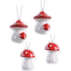 Kerstboom hangers set van 6x stuks paddenstoelen rood 4.5 x 4.5 cm - Kersthangers