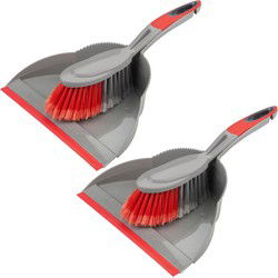Buemag Stoffer en blik - 2x - kunststof - 35 x 25 cm - grijs/rood - met rubber rand - Stoffer en blik