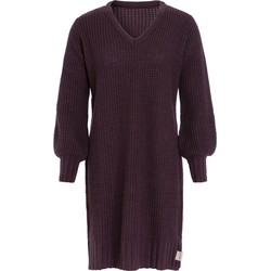 Knit Factory Robin Dames Jurk - Gebreide Trui Jurk - V-hals - Aubergine - 36/38 - Knielengte