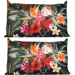 Anna's collection buitenkussen bloem - 2x - zwart/rood - 30 x 50 cm - Sierkussens