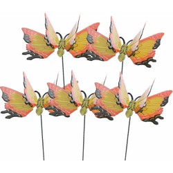 Set van 5 gele/oranje metalen tuindecoratie vlinder op stok 17 x 60 cm - Tuinbeelden