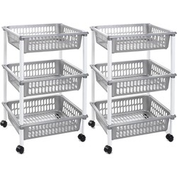 Set van 2x stuks woondecoratie karretjes/trolleys met zilveren opbergmanden 62 cm - Opbergmanden