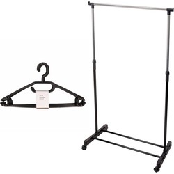 Mobiel kledingrek met kleding hangers - 10 kunststof hangers - zwart - Kledingrekken