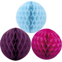 Kerstversiering set van 3x papieren kerstballen 10 cm lichtblauw aubergine en fuchsia roze - Kerstbal