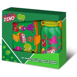Crazy Dino lunchbox set voor kinderen - 2-delig - groen - aluminium/kunststof - Lunchboxen