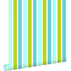 ESTAhome behang verticale strepen turquoise, limegroen en wit - 53 cm x 10,05 m - 138703