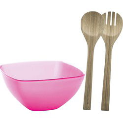 Serveerschaal/slakom met bamboe sla bestek - fuchsia roze - 2,75 liter - kunststof - D22,5 x H9,5 cm - Serveerschalen