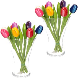 2x Set van bos houten tulpen boeket 34 cm in glazen vaas 25 cm - Kunstbloemen