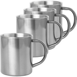 Set van 4x stuks koffie drinkbekers/mokken zilver metallic RVS 280 ml - Bekers